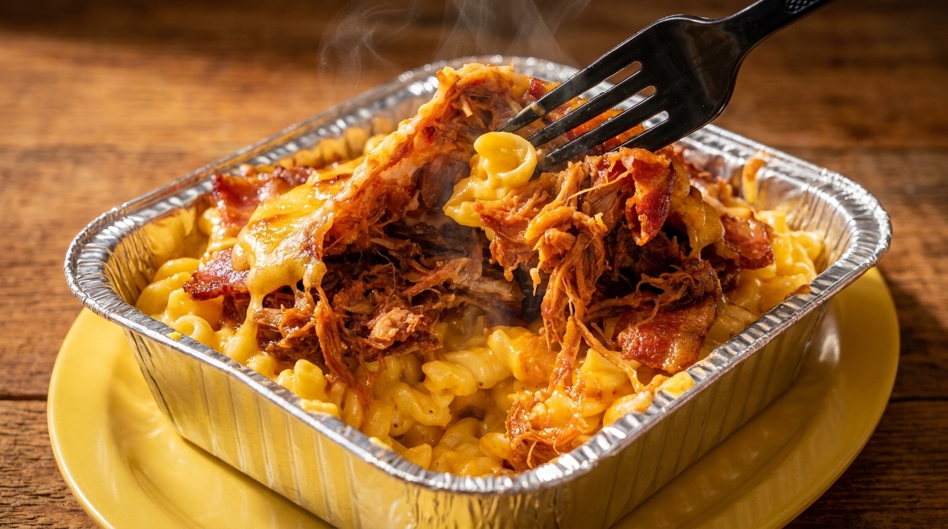 Steaming mac and cheese with pulled pork and bacon in a foil container, being forked on a wooden table.