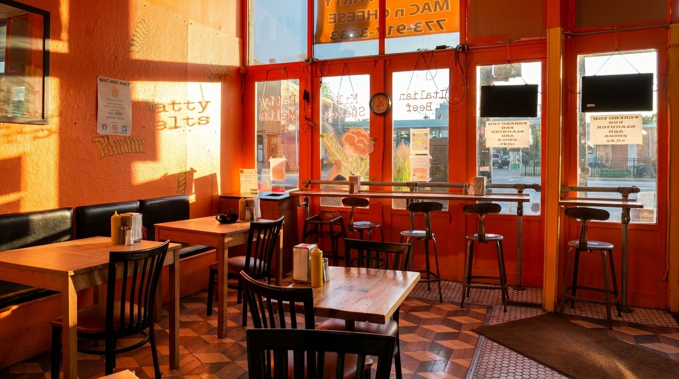 Warm, sunlit restaurant interior with orange walls, wooden tables, black chairs, and bar seating by large windows.