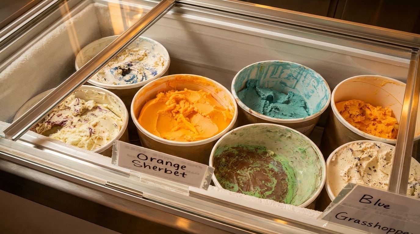 Assorted ice cream and sherbet flavors, including orange, blue, and grasshopper, in a freezer display.