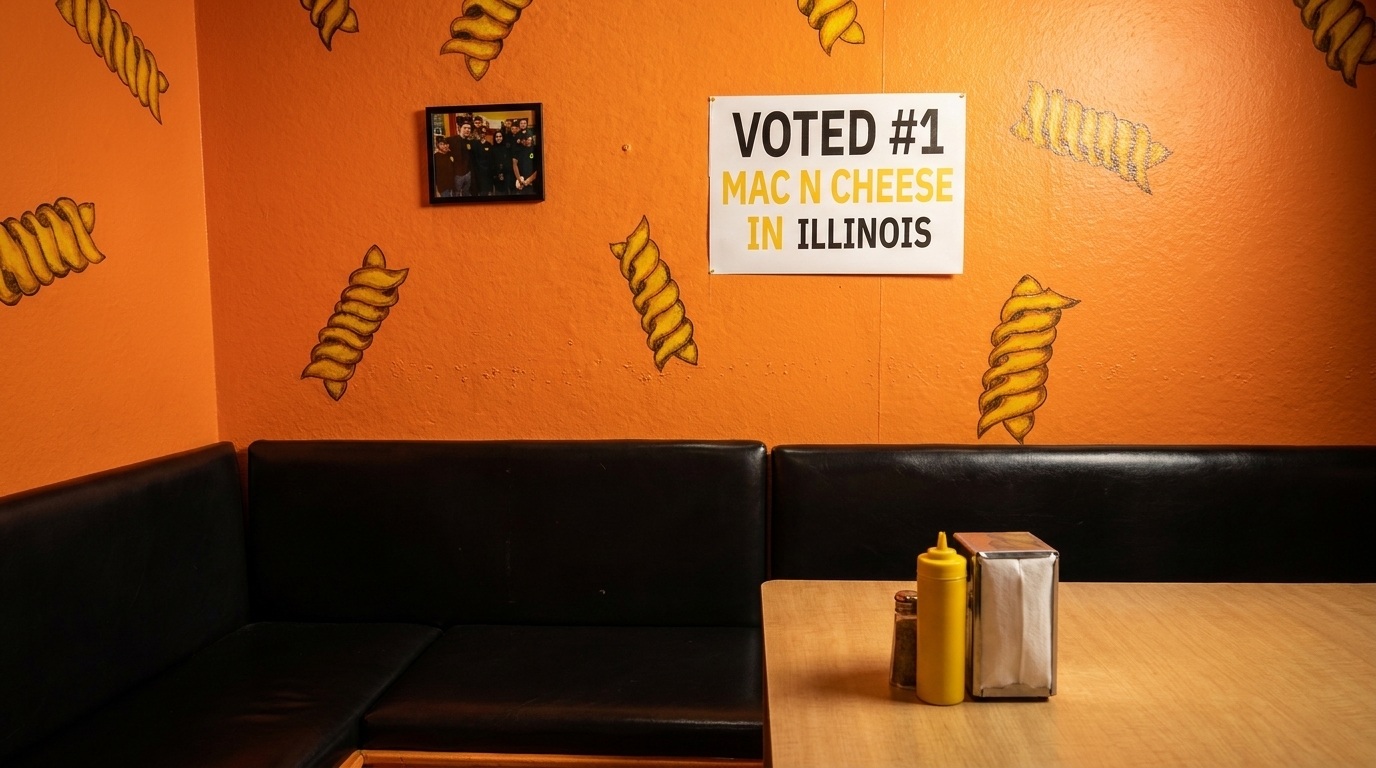 Restaurant booth with orange walls, pasta illustrations, and a "Voted #1 Mac n Cheese" sign.