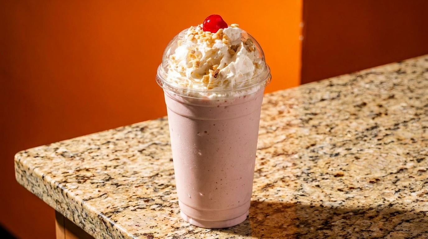 Pink milkshake with whipped cream, nuts, and a cherry on a granite counter against an orange wall.
