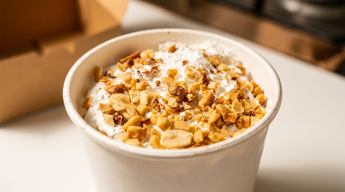 Close-up of a dessert cup filled with whipped cream and topped with chopped nuts.