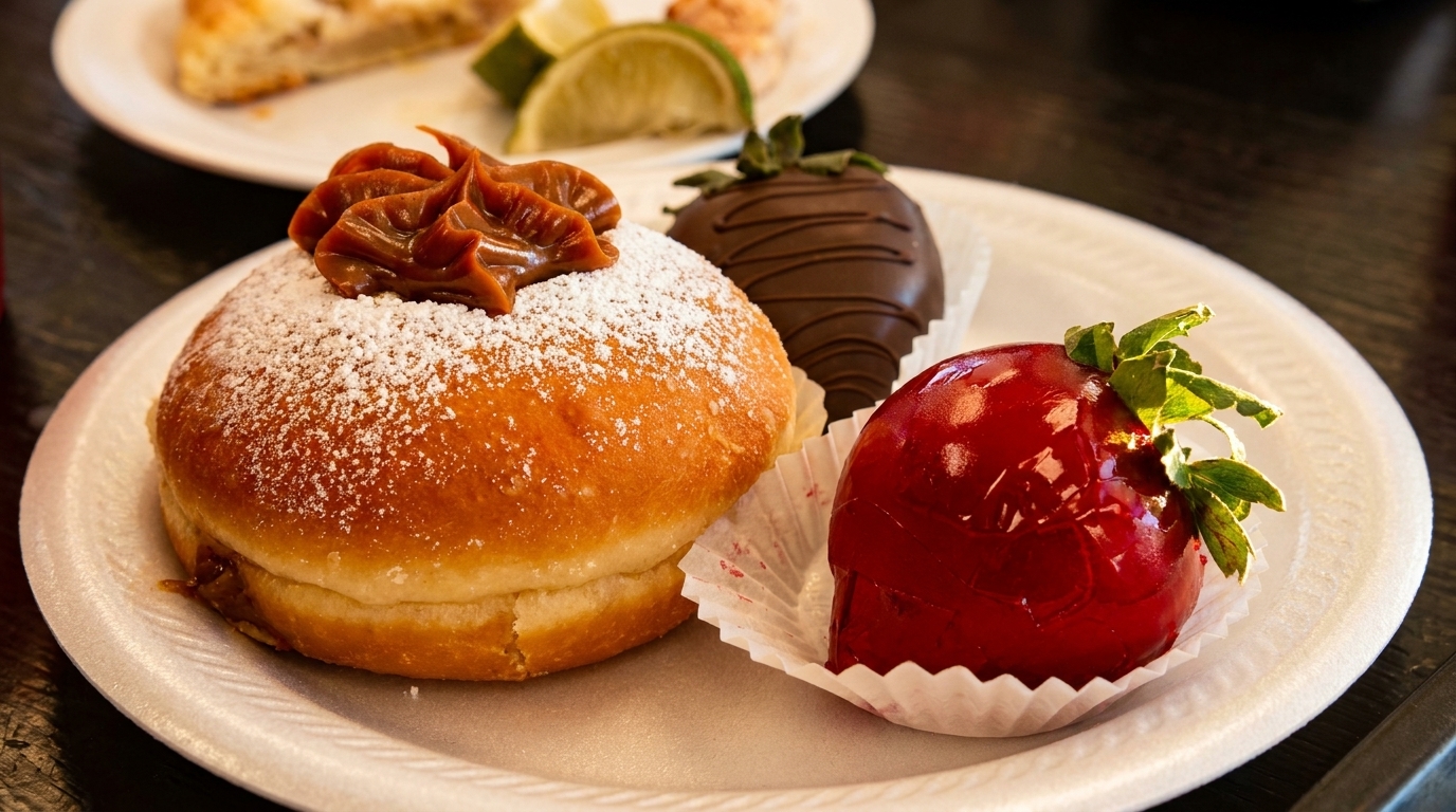 A dulce de leche donut, chocolate-covered strawberry, and candy apple on a white plate.