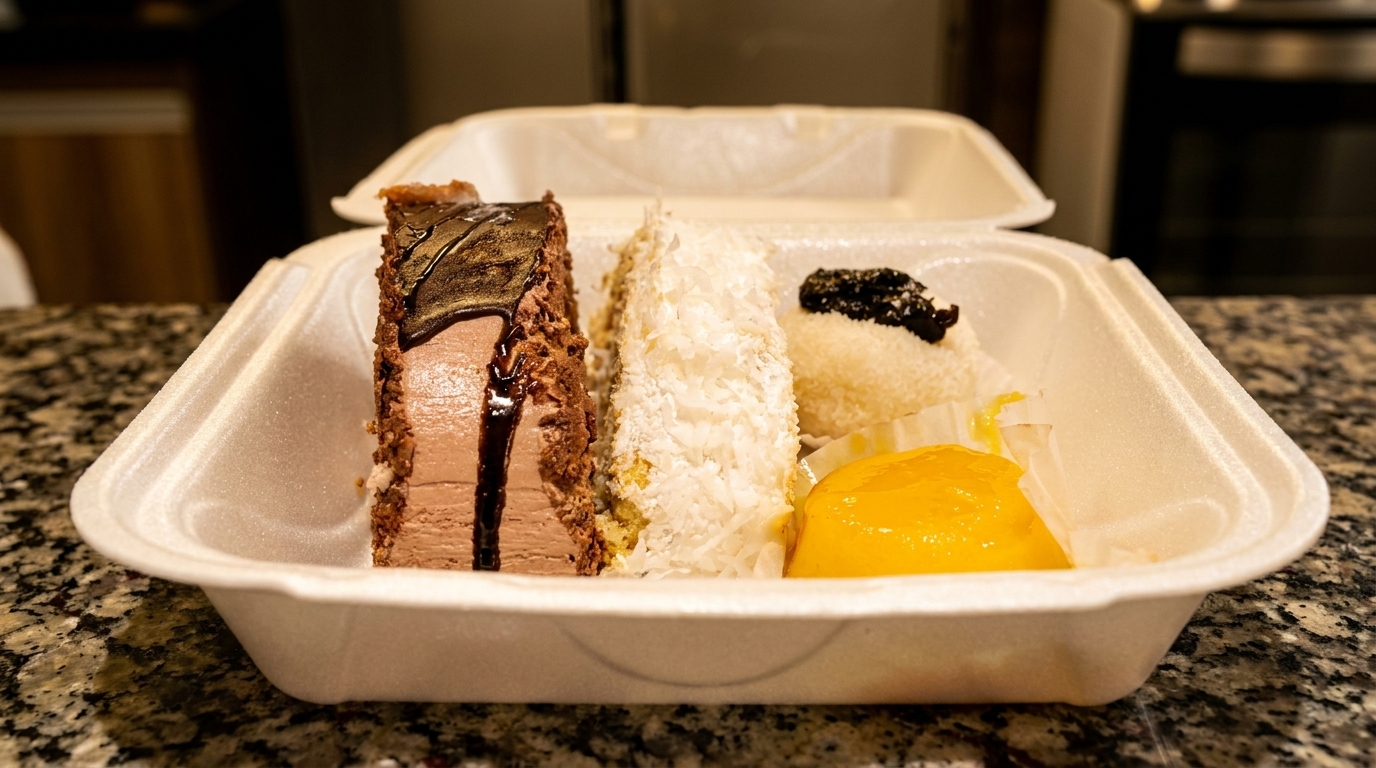 A takeout container holds a slice of chocolate cake, coconut cake, a small coconut pastry, and mango pudding.