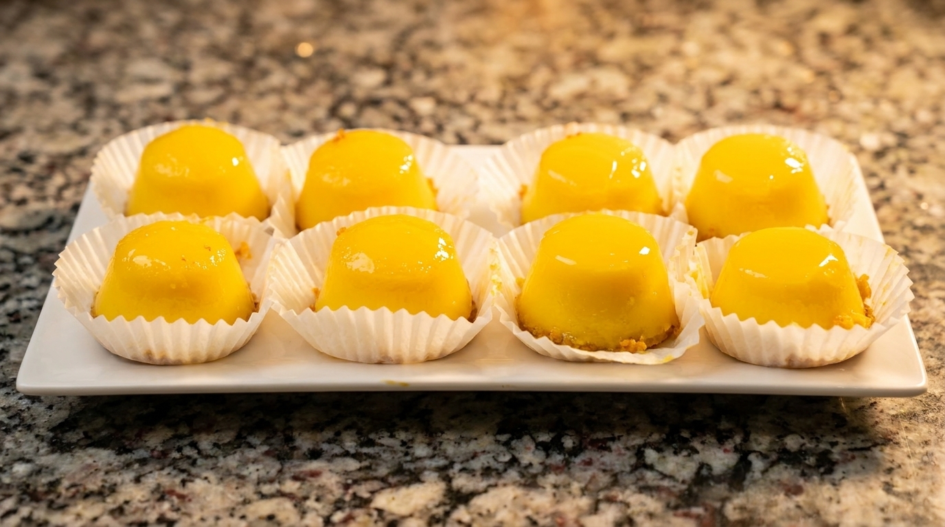 Eight small, bright yellow desserts in white paper cups on a rectangular white plate.