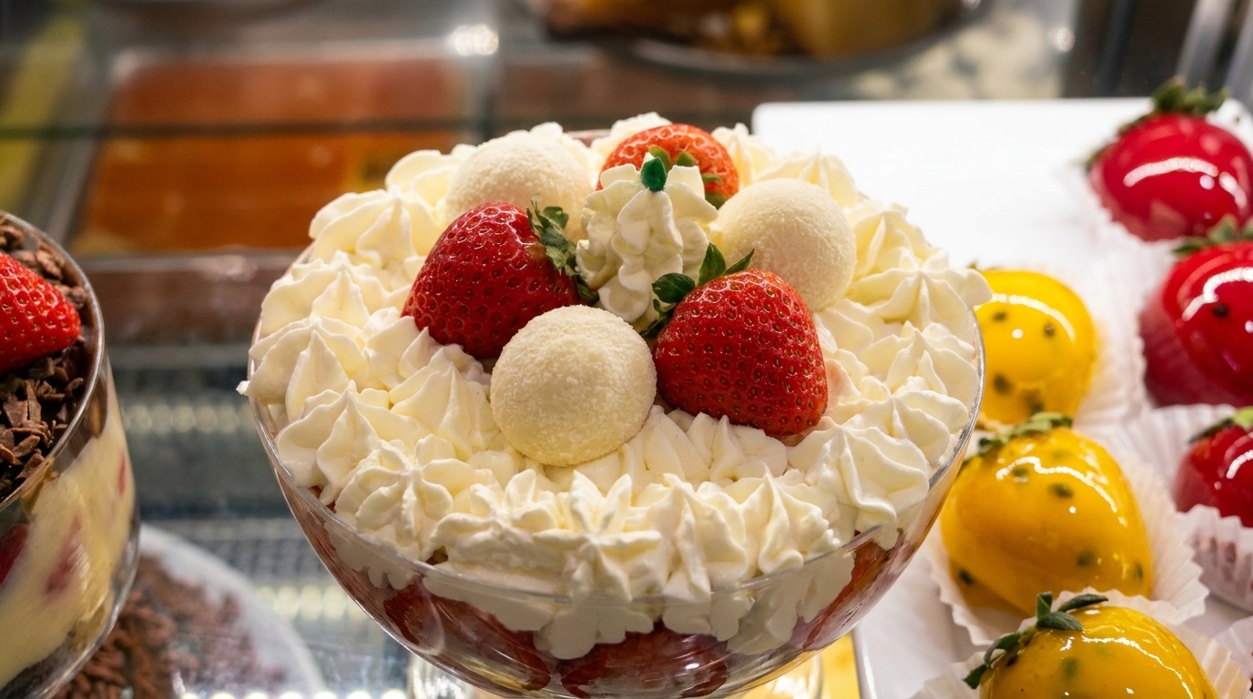 A dessert trifle with whipped cream, strawberries, and white chocolate balls, next to other fruit-shaped pastries.