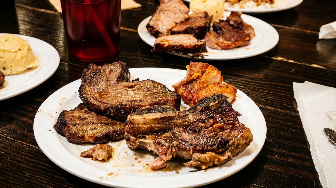 Plates of grilled meats, including steak and ribs, with a side of mashed potatoes and a drink.