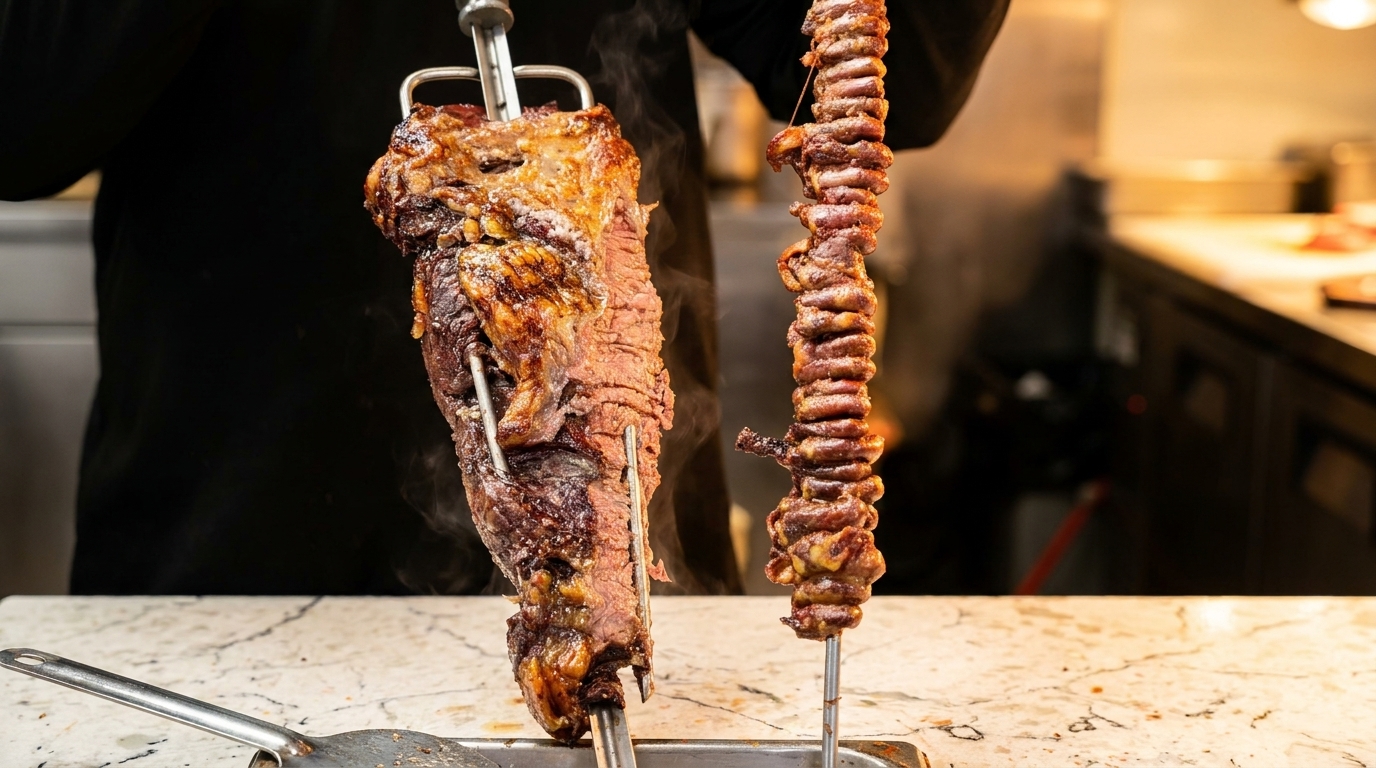 Two skewers of sizzling, roasted meat, one large cut and one with smaller pieces, on a marble counter.