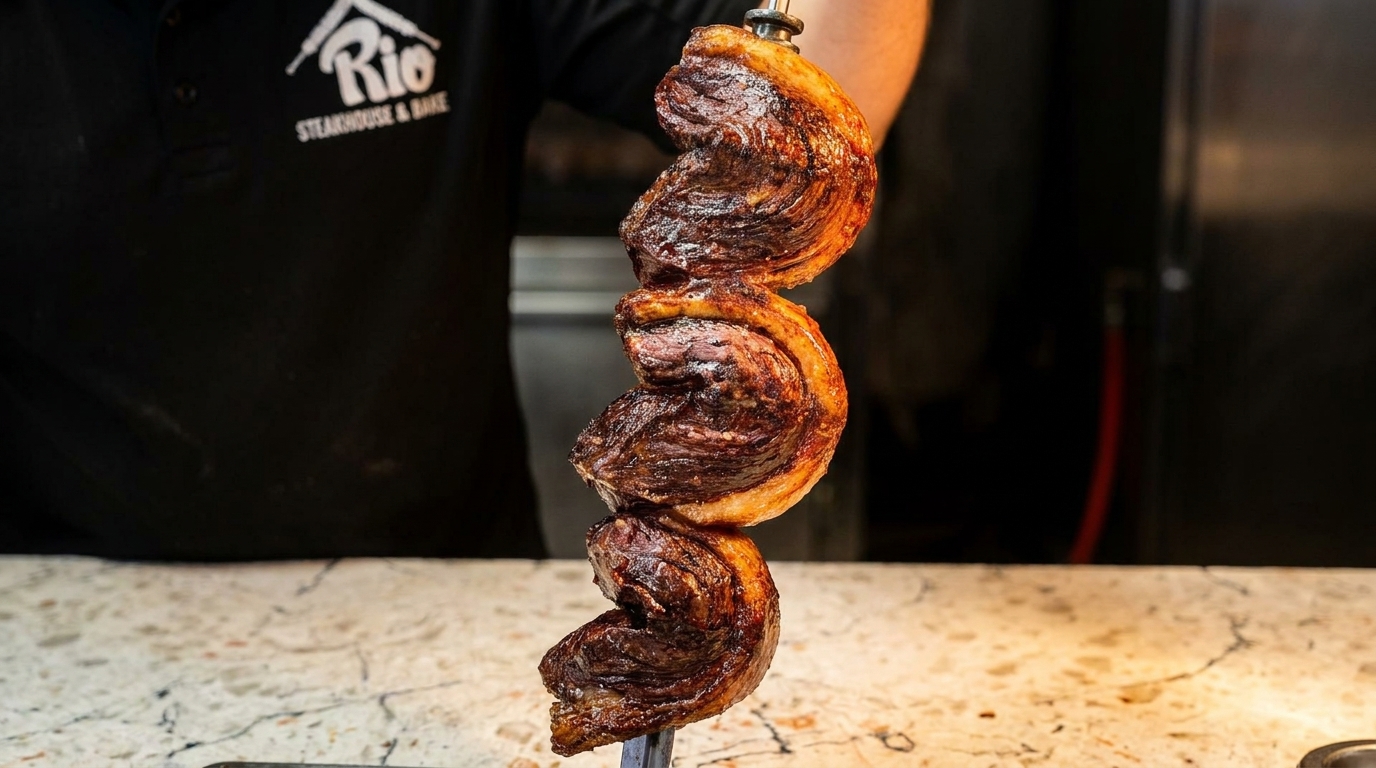 A chef from Rio Steakhouse & Bake holds a skewer of perfectly cooked picanha steak.