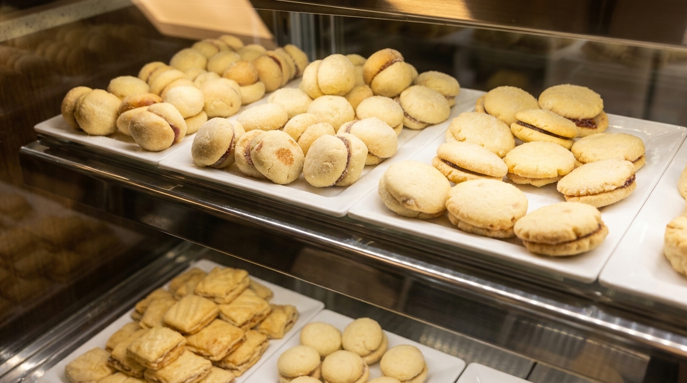 Assortment of cookies, including alfajores and jam-filled biscuits, displayed in a glass bakery case.