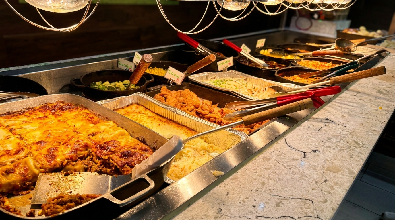 A buffet line with various hot dishes, including lasagna, fried chicken, and vegetables, under warming lamps.