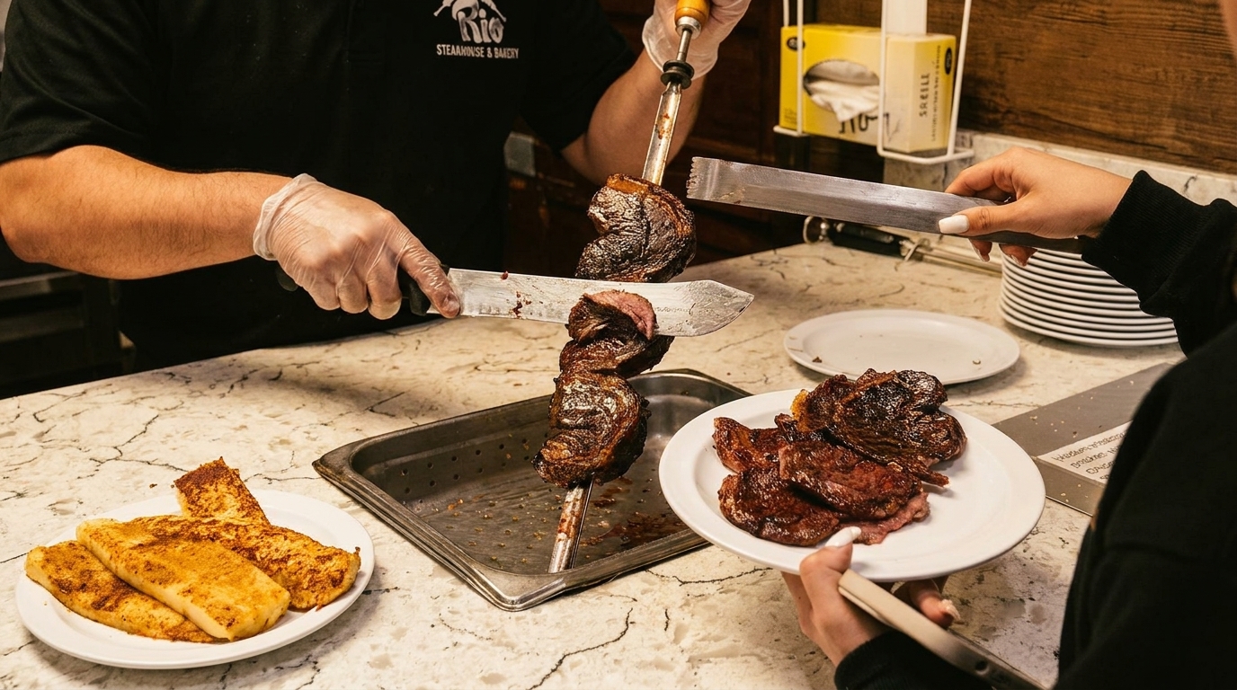 A chef carves grilled meat from a skewer onto a customer's plate at a Brazilian steakhouse.