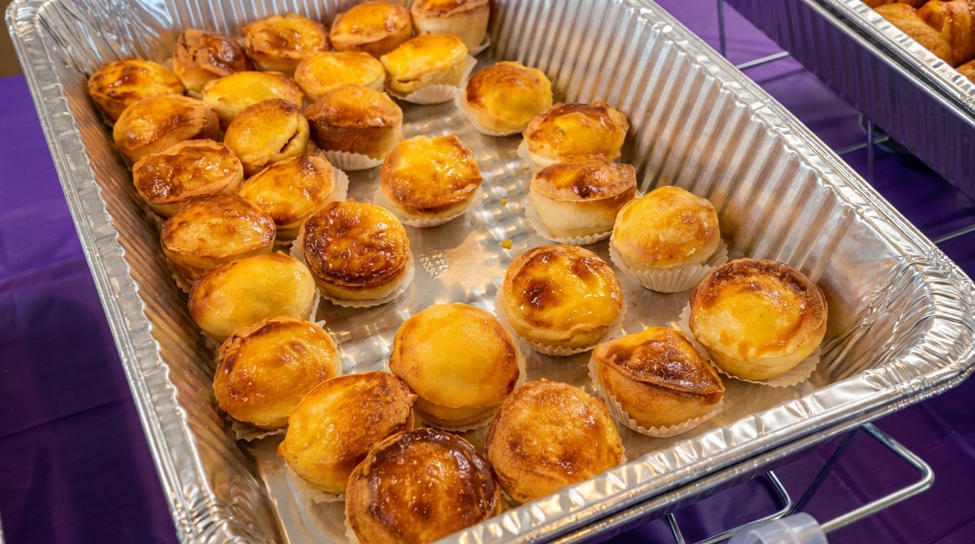Many golden-brown mini quiches or tarts are arranged in a silver foil tray.