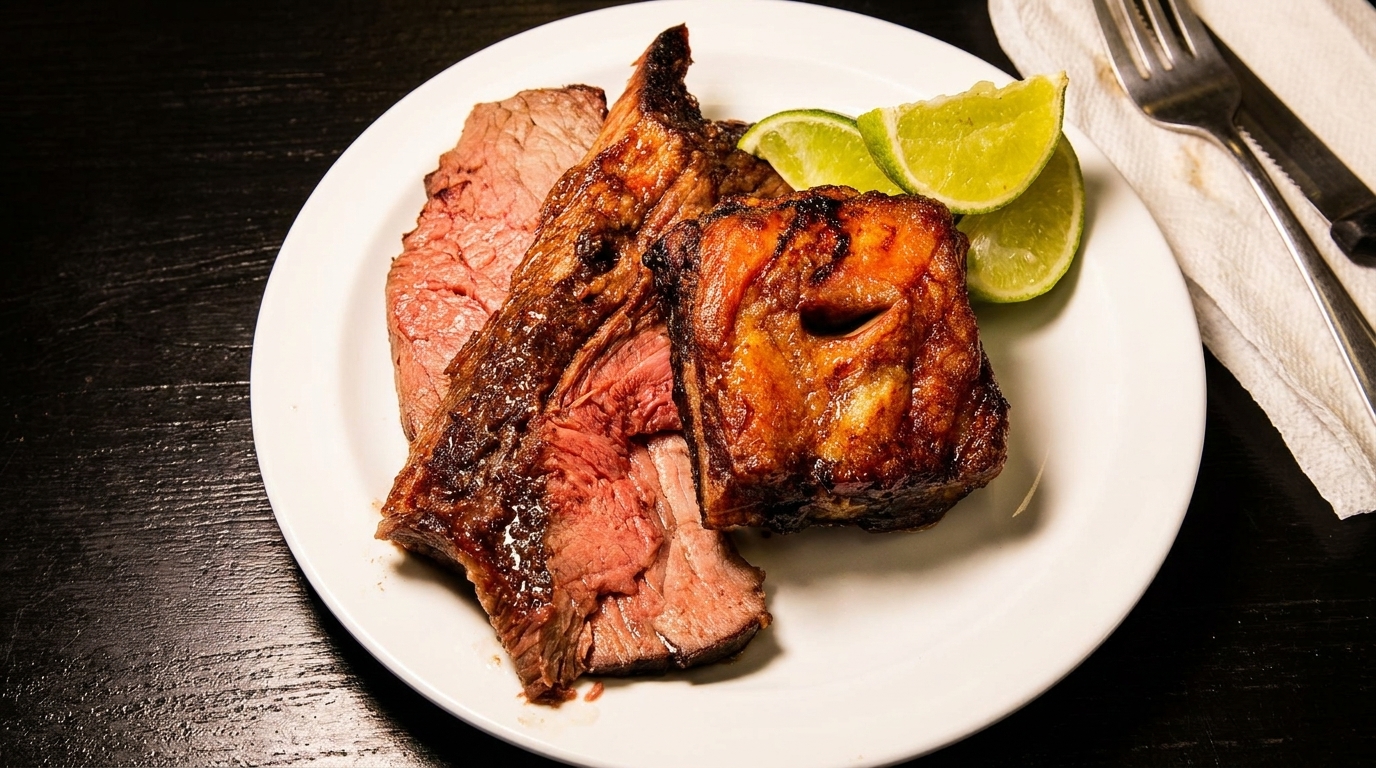 Grilled meat slices with limes on a white plate, with a fork and knife on a napkin.