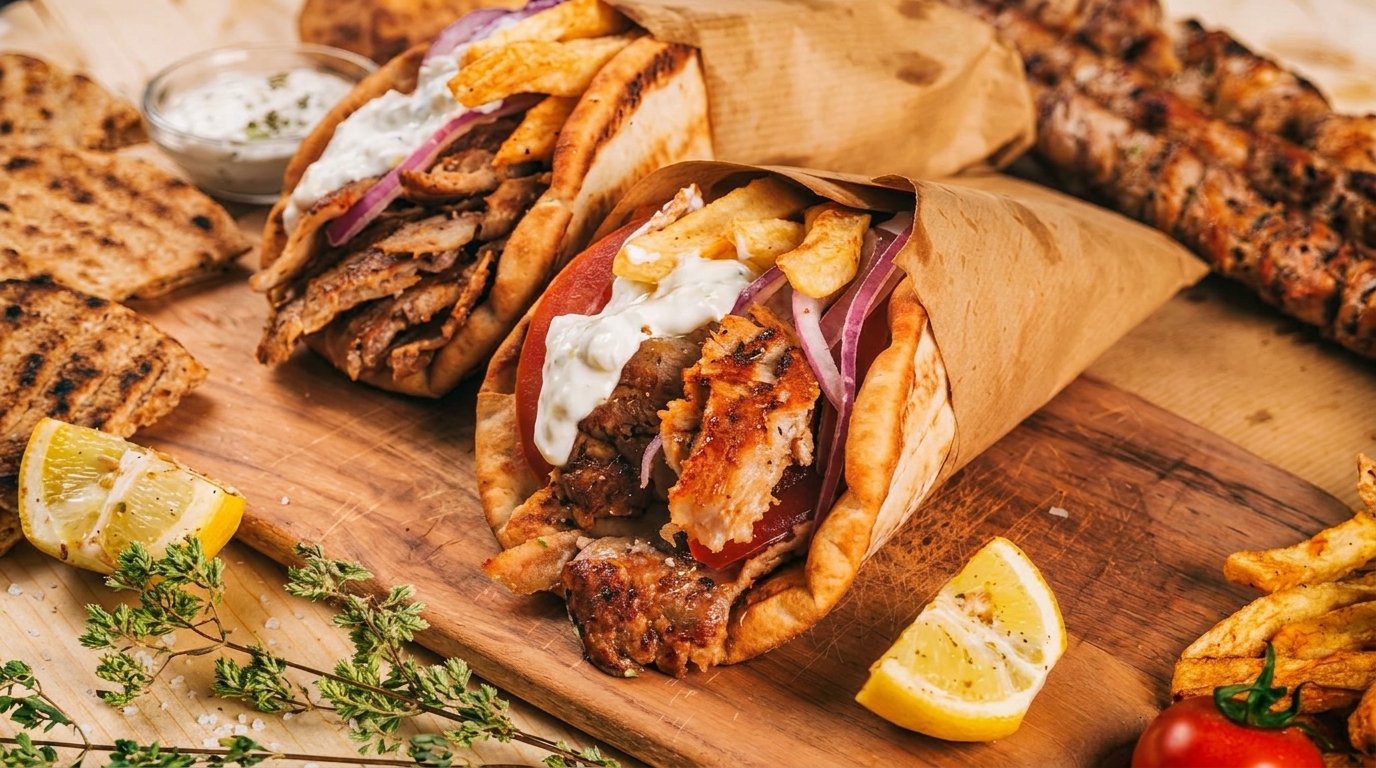 Two Greek gyros with meat, fries, red onion, tomato, and tzatziki sauce on a wooden board.