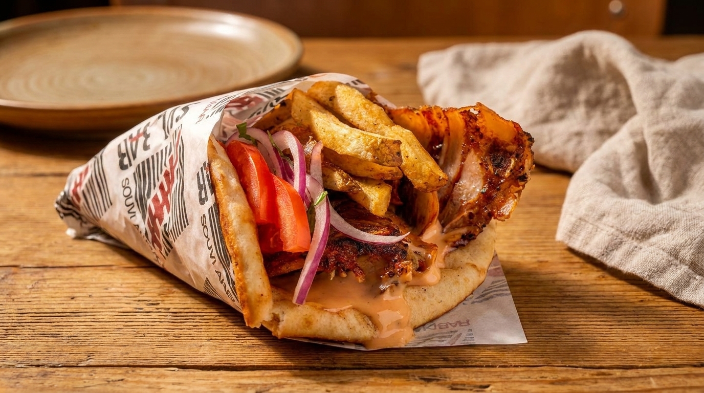 A Greek souvlaki pita wrap filled with meat, fries, tomatoes, onions, and sauce on a wooden table.