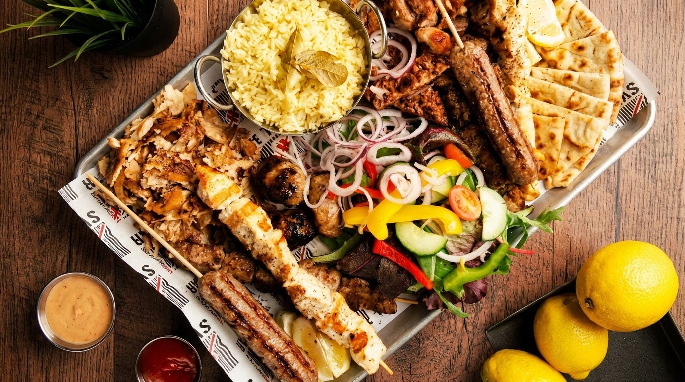 A large platter of grilled meats, rice, salad, pita bread, and sauces on a wooden table.
