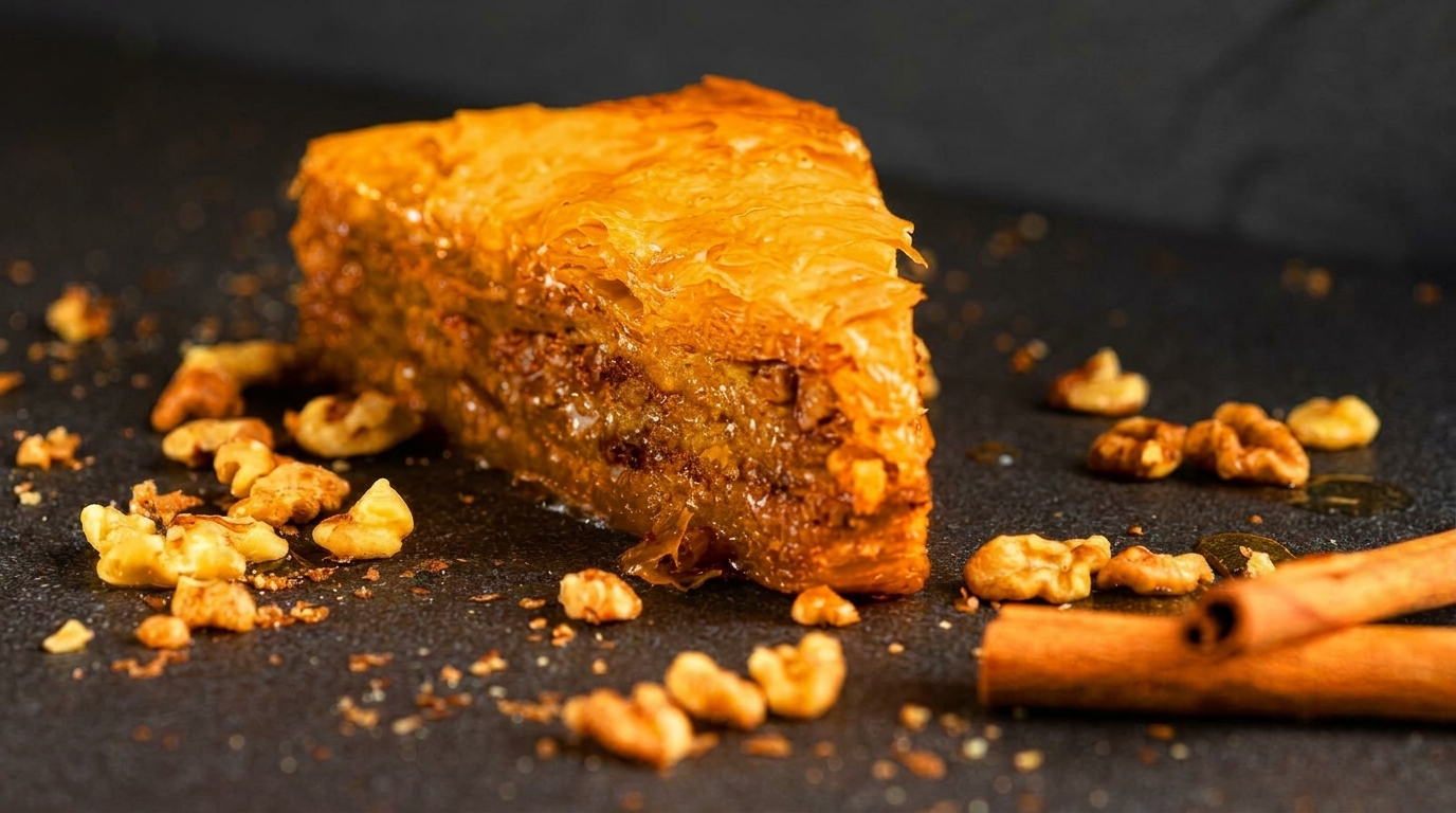 A triangular piece of baklava with walnuts and cinnamon sticks on a dark surface.