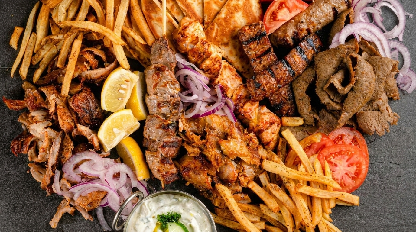 A large platter of Greek food with gyros, souvlaki, fries, pita, tomatoes, onions, and tzatziki.