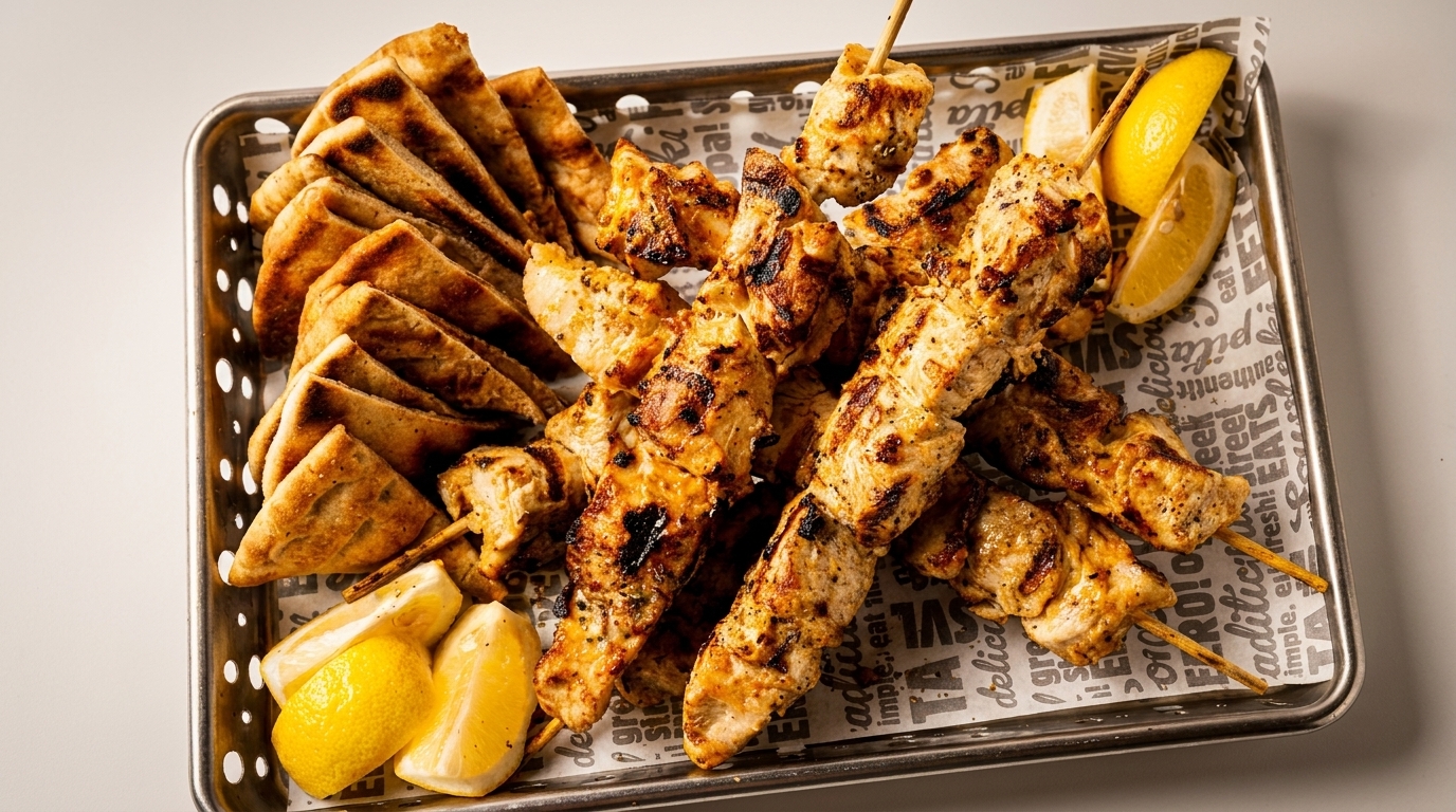 Grilled chicken skewers with pita bread and lemon wedges on a metal tray.
