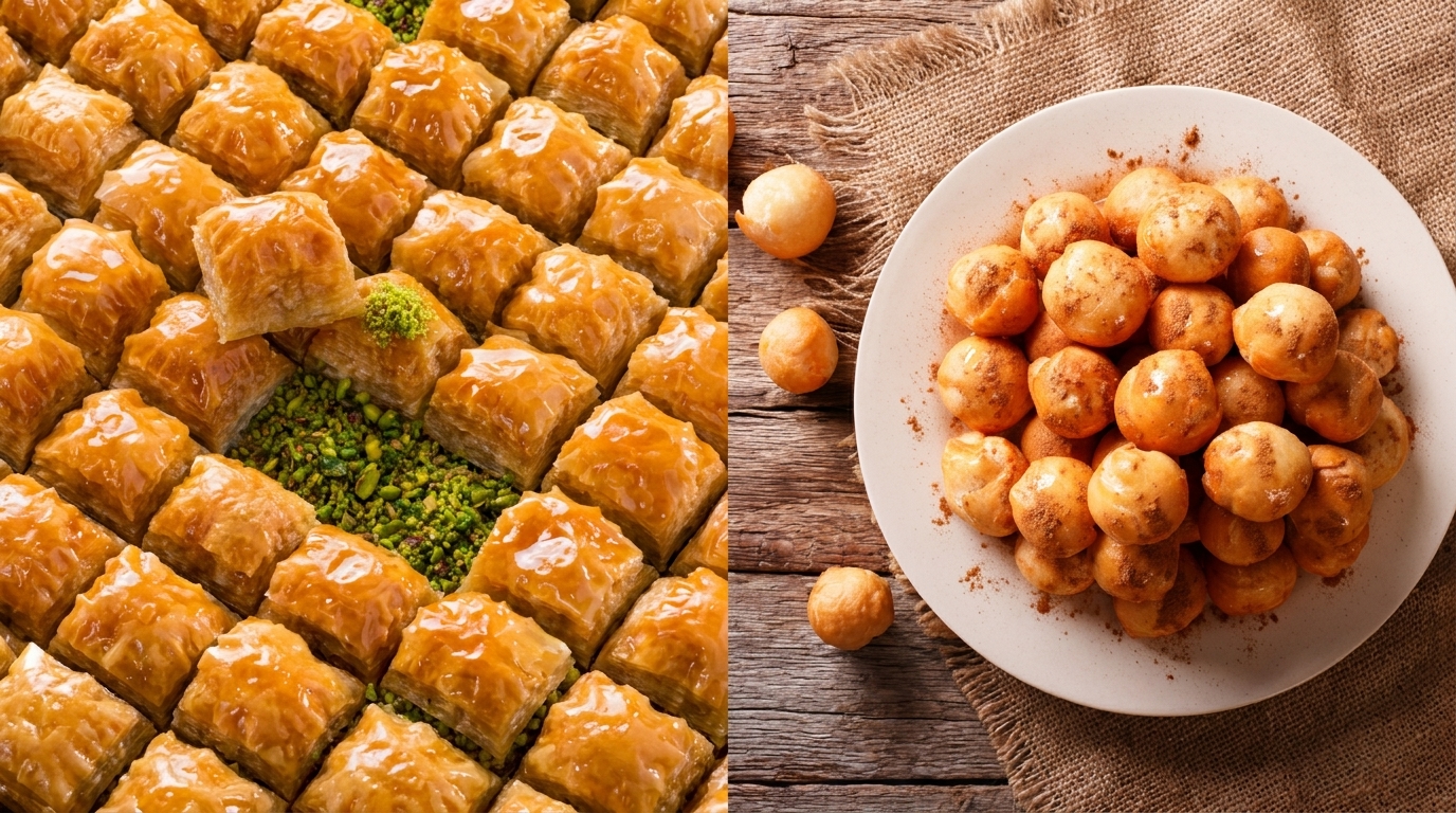 Baklava squares with pistachios and a plate of Loukoumades dusted with cinnamon.