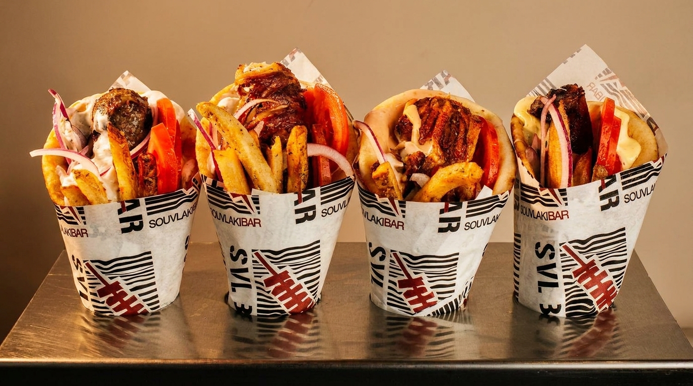 Four Greek souvlaki wraps in branded paper, filled with meat, fries, tomatoes, and onions.