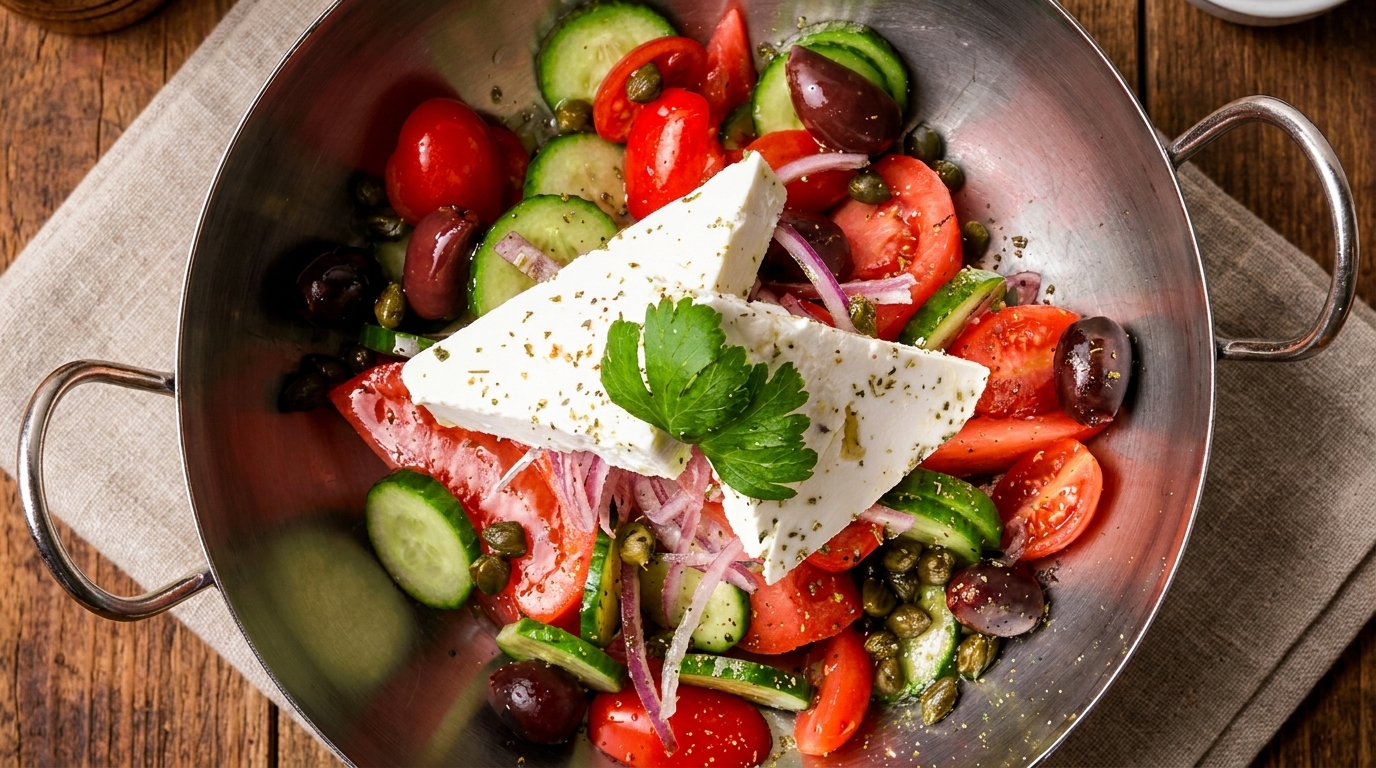 Close-up of a Greek salad with feta, tomatoes, cucumbers, olives, and red onion in a metal bowl.