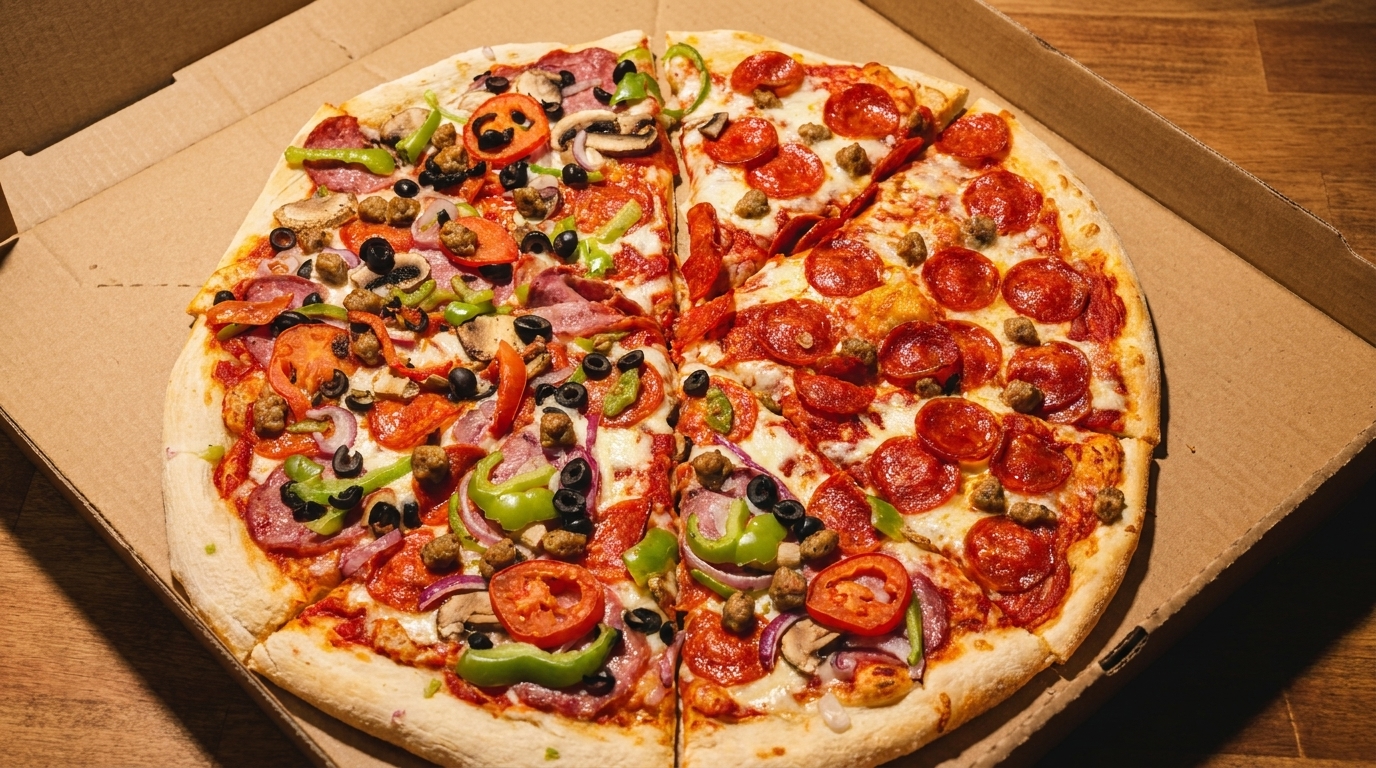 A half-and-half pizza in a cardboard box, with pepperoni and sausage on one side, and supreme toppings on the other.