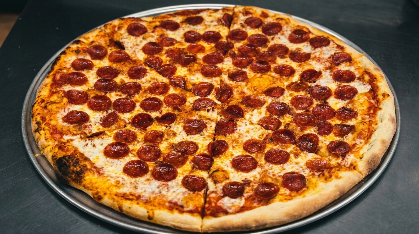 A whole pepperoni pizza, sliced, on a metal tray with a dark background.