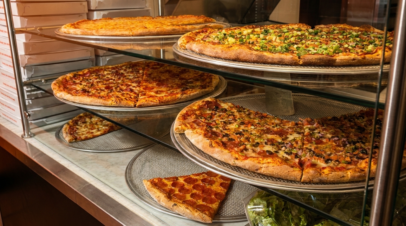 Multiple pizzas with various toppings displayed on shelves in a glass case, with pizza boxes stacked behind.