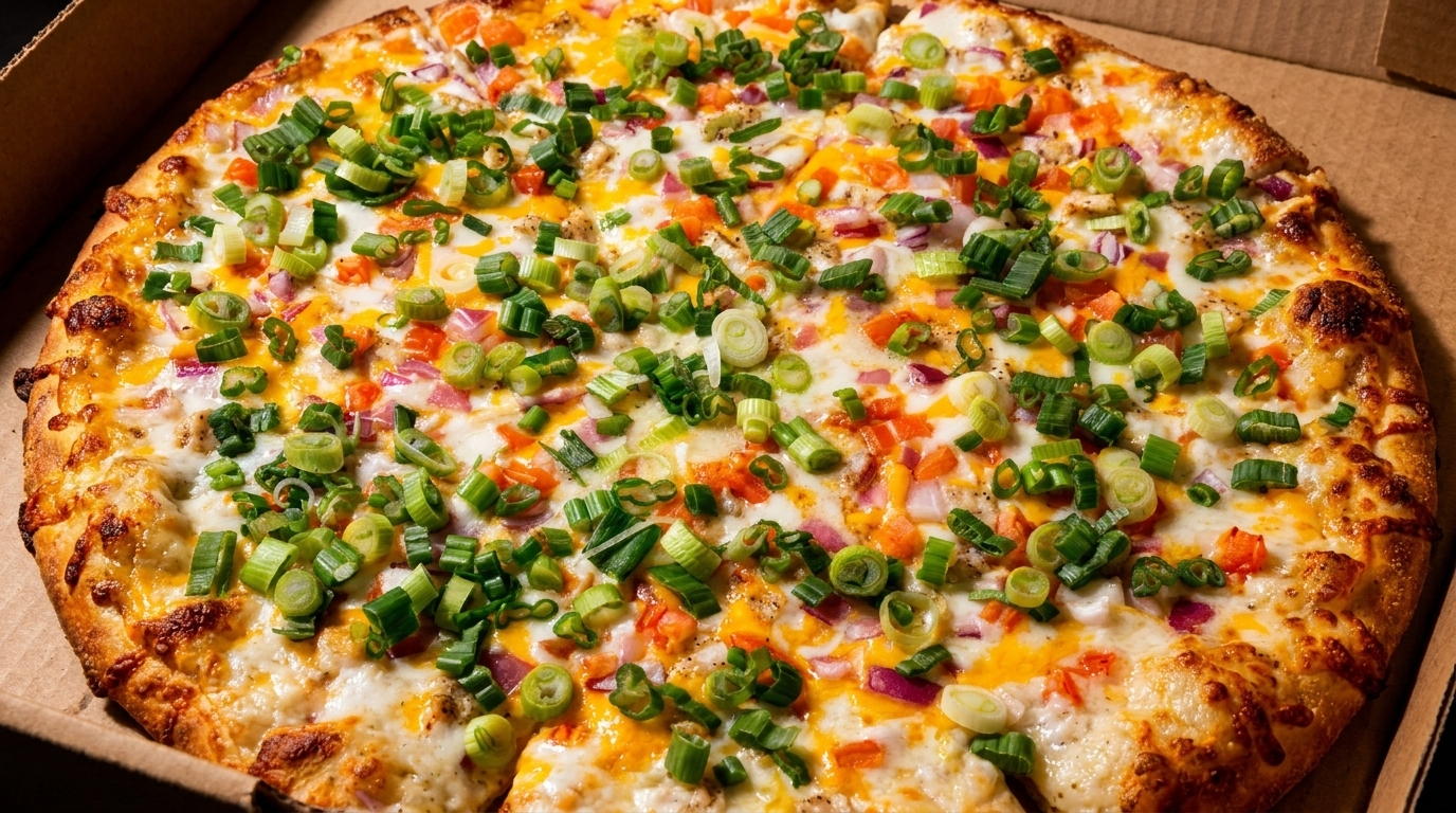 A whole pizza topped with melted cheese, diced red onions, orange bell peppers, and green onions.