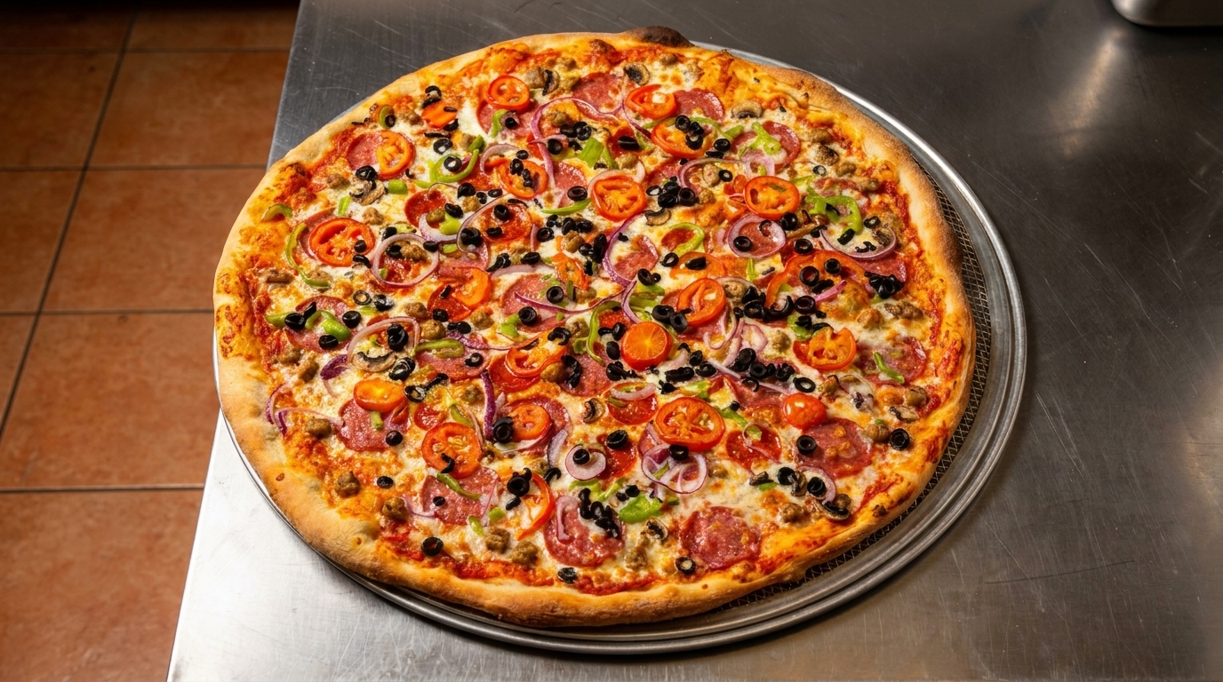 A large, fully loaded pizza with pepperoni, sausage, olives, peppers, onions, and tomatoes.