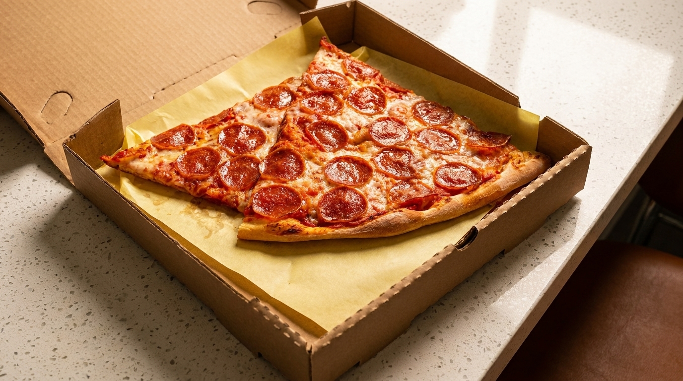 Two slices of pepperoni pizza in a cardboard box on a speckled white countertop.