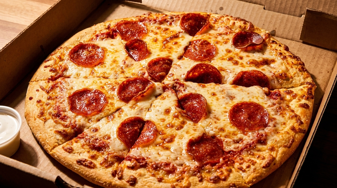 A whole pepperoni pizza with melted cheese and a side of dipping sauce in a cardboard box.