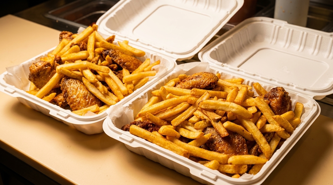 Two open takeout containers filled with golden-brown fried chicken wings and french fries.