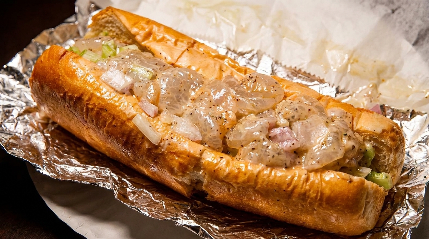 A close-up of a shrimp po'boy sandwich with onions and celery, wrapped in foil.