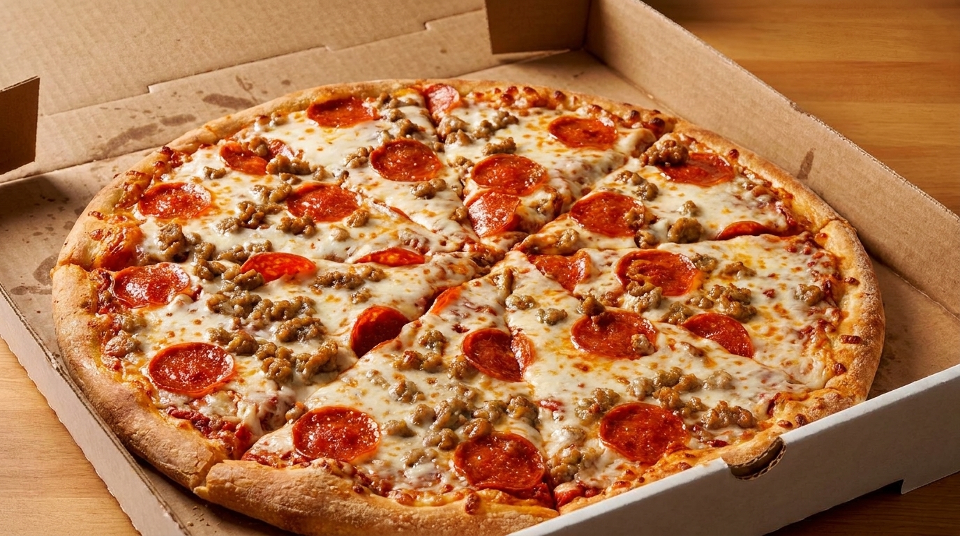 A whole pepperoni and sausage pizza, sliced, in an open cardboard delivery box.