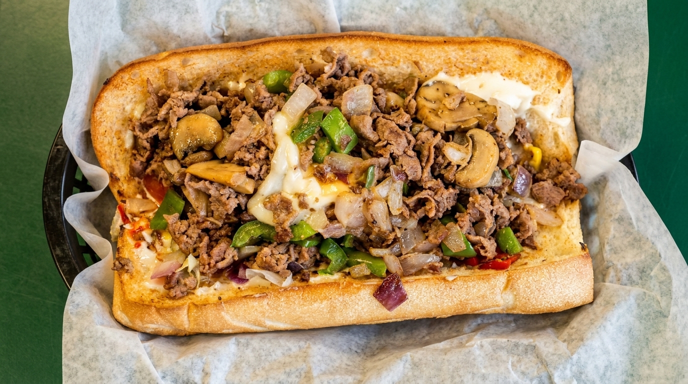 Cheesesteak sandwich with steak, melted cheese, green peppers, onions, and mushrooms on a toasted bun.