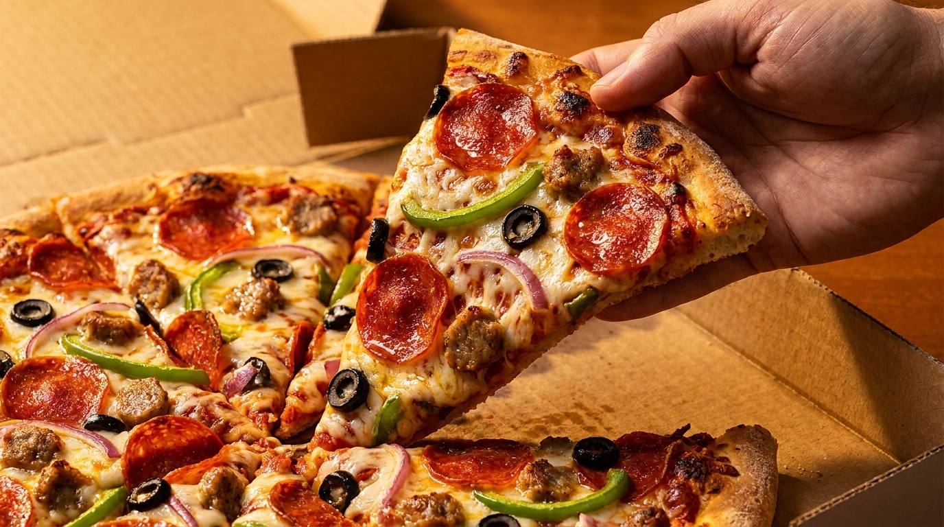 A hand lifts a slice of pepperoni, sausage, olive, onion, and green pepper pizza from a box.