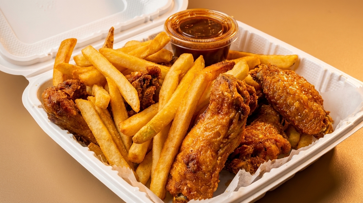 Crispy fried chicken wings and golden french fries with a side of dipping sauce in a takeout container.