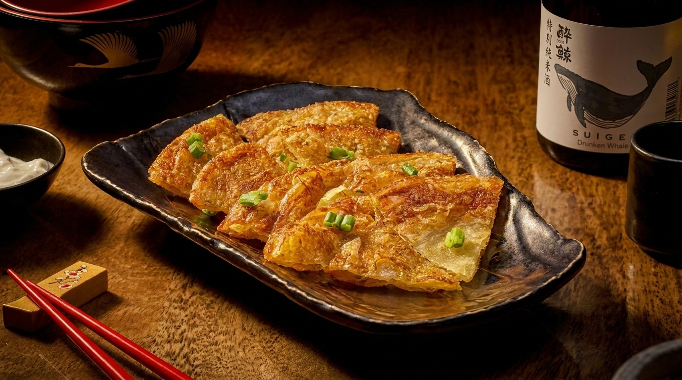 Crispy golden fried dumplings with green onions on a dark plate, with chopsticks and a sake bottle.
