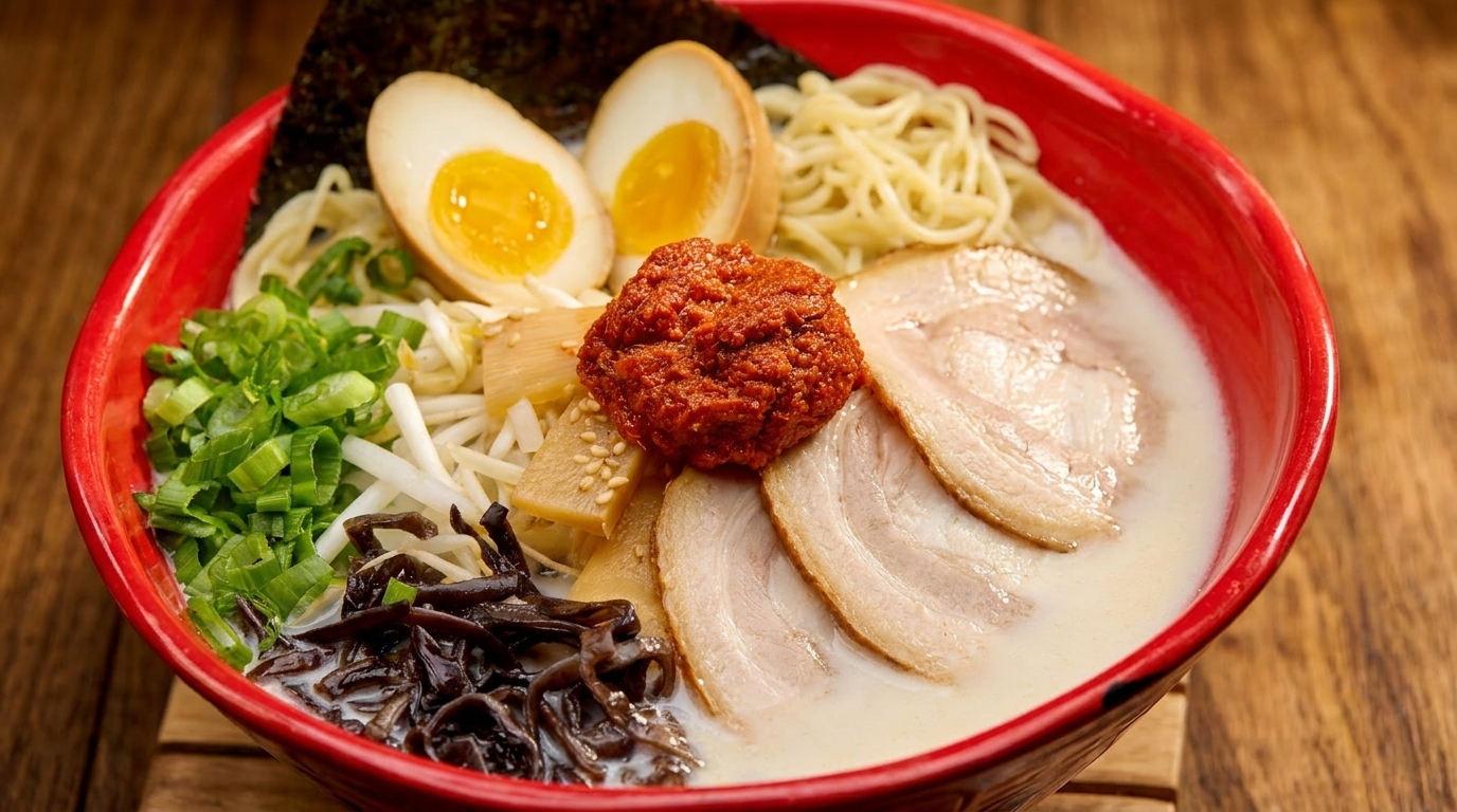 A vibrant red bowl of ramen with pork, eggs, noodles, and various toppings.