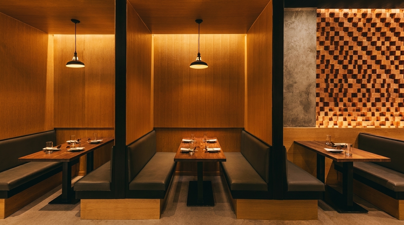 Three private dining booths with wooden walls, dark benches, and pendant lights in a modern restaurant.