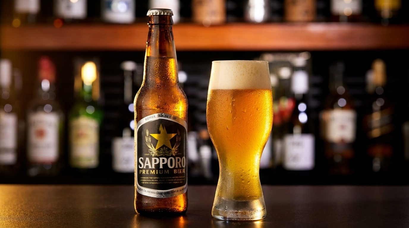 A cold bottle of Sapporo Premium Beer next to a condensation-covered glass of beer on a bar.