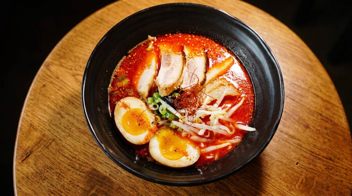 Spicy ramen with pork, soft-boiled eggs, bean sprouts, and green onions in a black bowl.