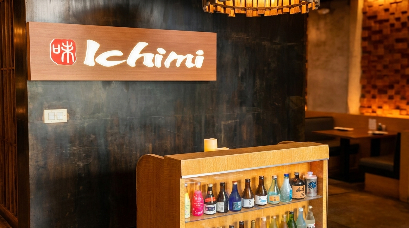 Ichimi restaurant sign above a wooden display case filled with various sake bottles.