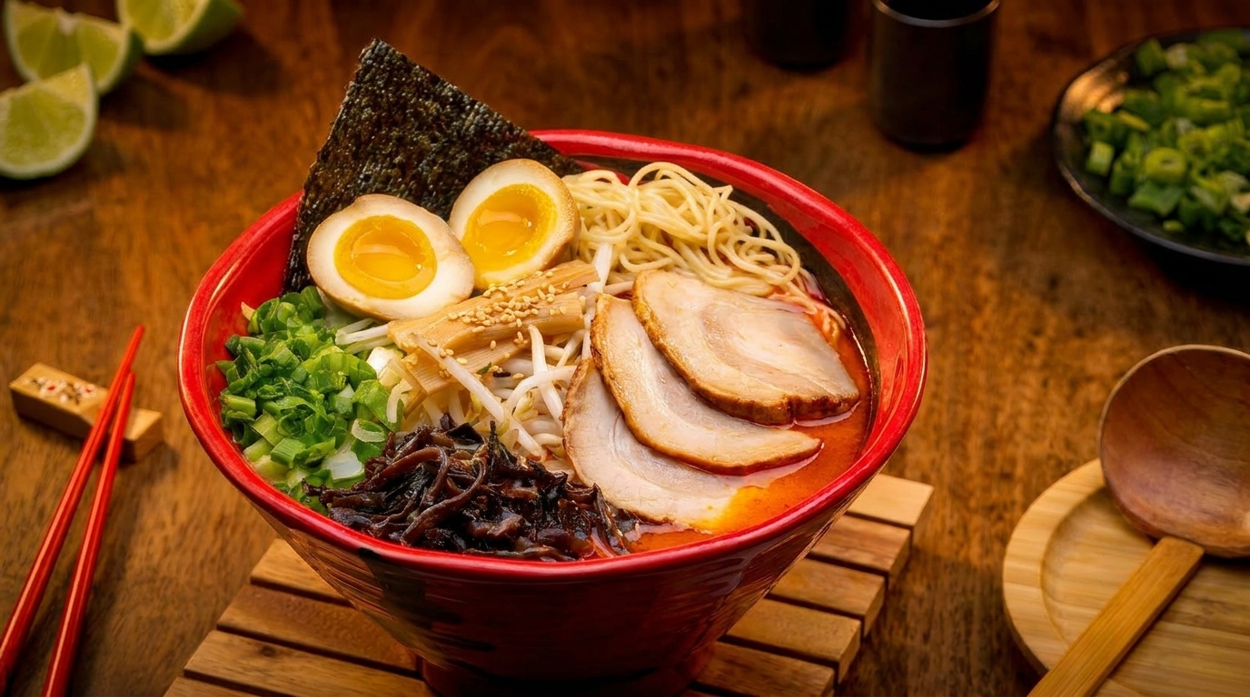 A vibrant red bowl of ramen with pork, egg, noodles, and green onions on a wooden table.