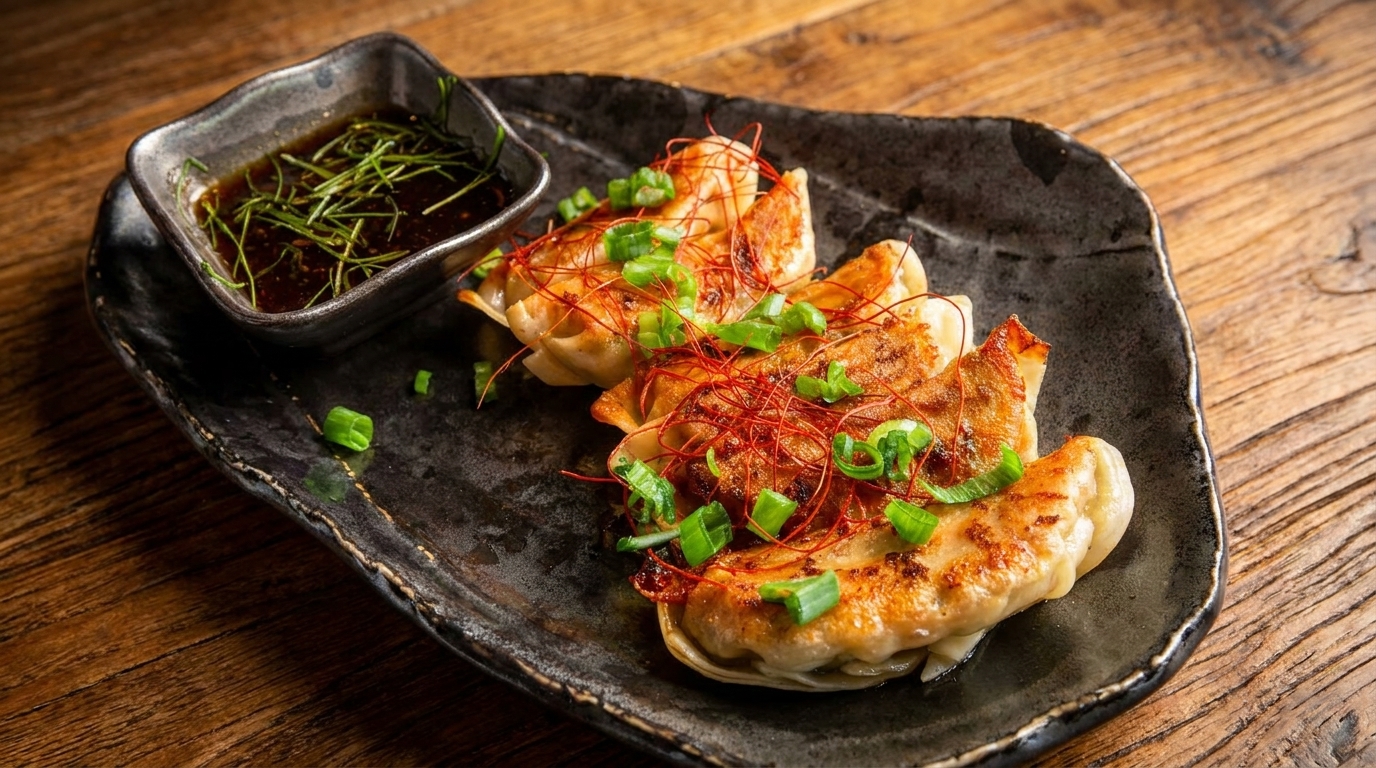 Pan-fried gyoza dumplings with chili threads and green onions, served with a dipping sauce.