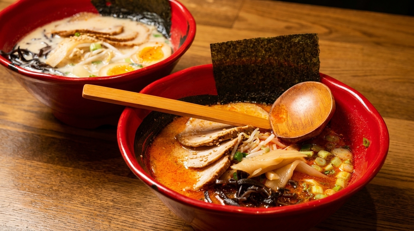Two bowls of ramen, one spicy with pork and seaweed, the other creamy with egg and sprouts.
