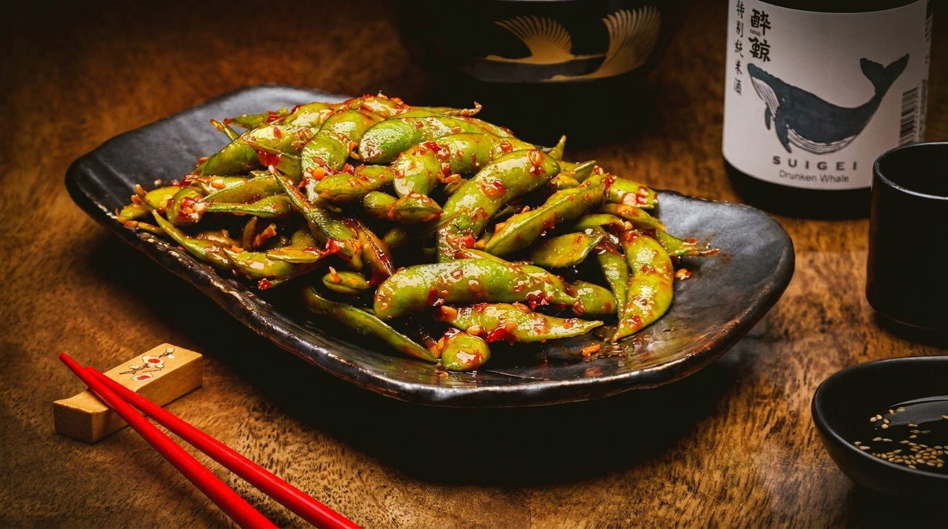 Spicy edamame on a dark plate with red chopsticks, sake, and soy sauce on a wooden table.